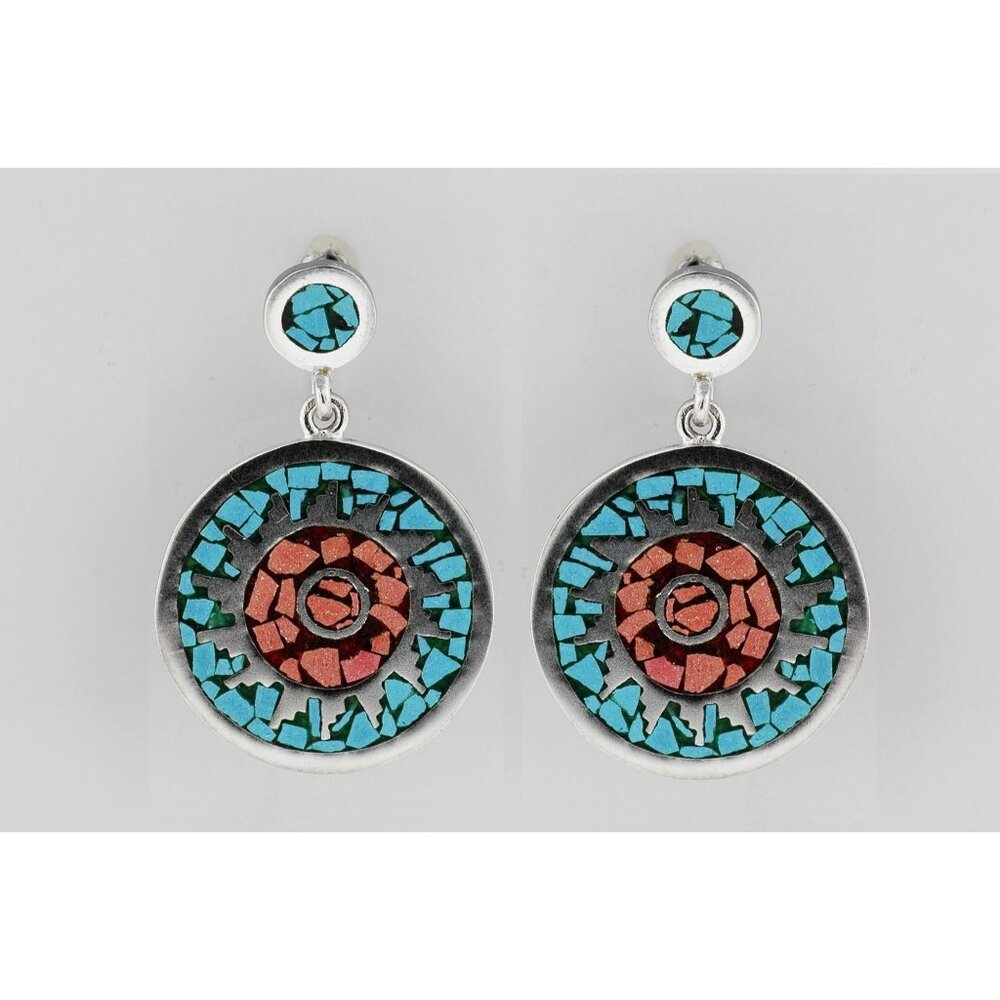 Vtg 1970's Turquoise & Coral Inlaid Earrings Double Circle Screw Back Sterling